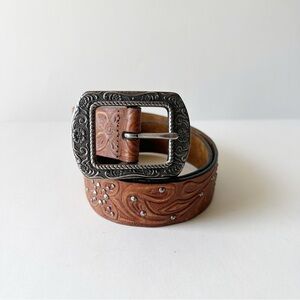 Fossil Brown Leather Floral Tooled Studded Western Style Belt